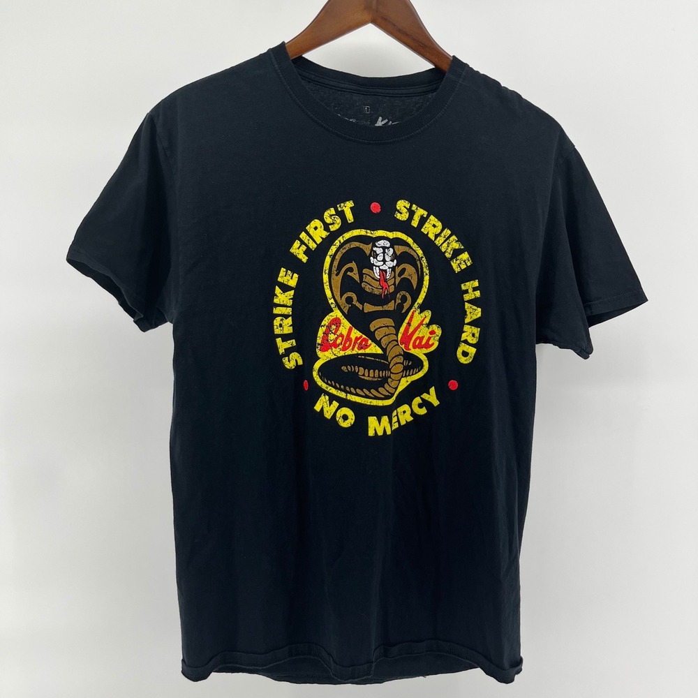 Cobra Kai Strike First Strike Hard No Mercy Black Graphic T-Shirt Medium